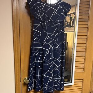 Elegant One-Shoulder Navy Dress with Geometric Design
